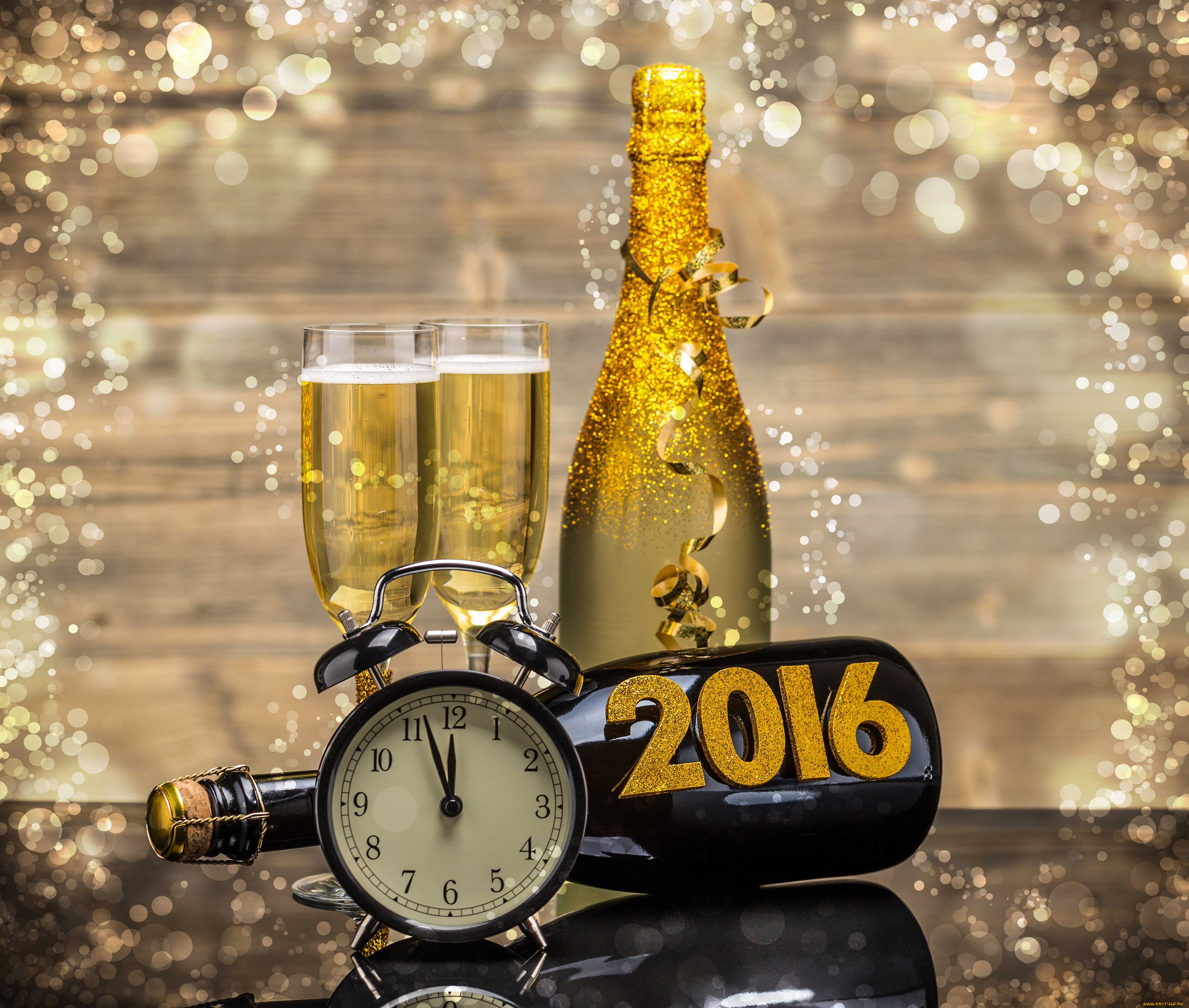 , , new, year, 2016, happy, , , , clock, champagne, golden, , , 